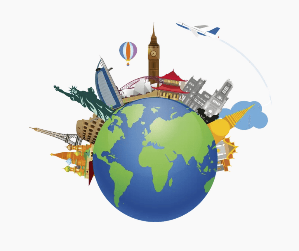 A globe circled by world landmarks — take your business global with a US company
